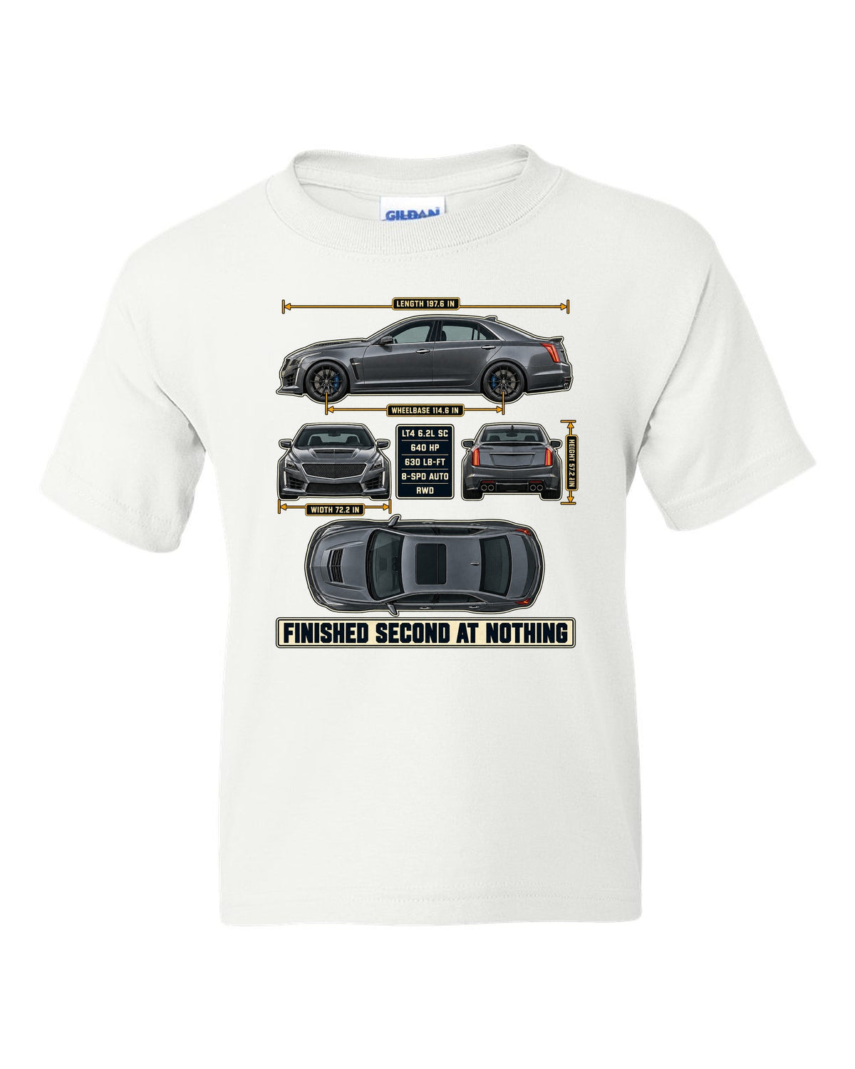 Dimension blueprint print of a 2016-19 Cadillac CTS-V sedan white kids tee front view with the design