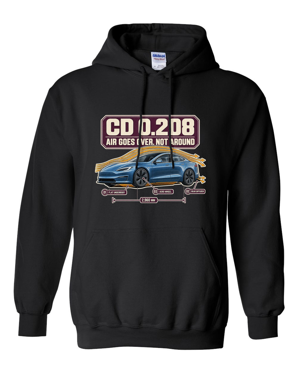 Aero callout print of a Tesla Model S Plaid with drag coefficient 0.208 black pull over hoodie front view with the design