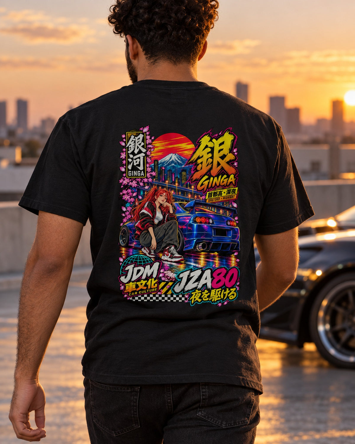 GINGA JZA80 Anime Girl Full-Back Graphic Tee T-Shirt Black worn hero