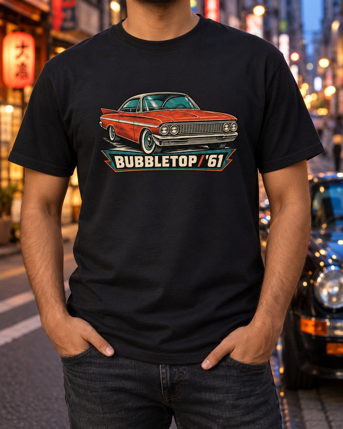 1961 Impala Sport Coupe Bubbletop Linocut Shirt, '61 Car Tee T-Shirt Black worn hero