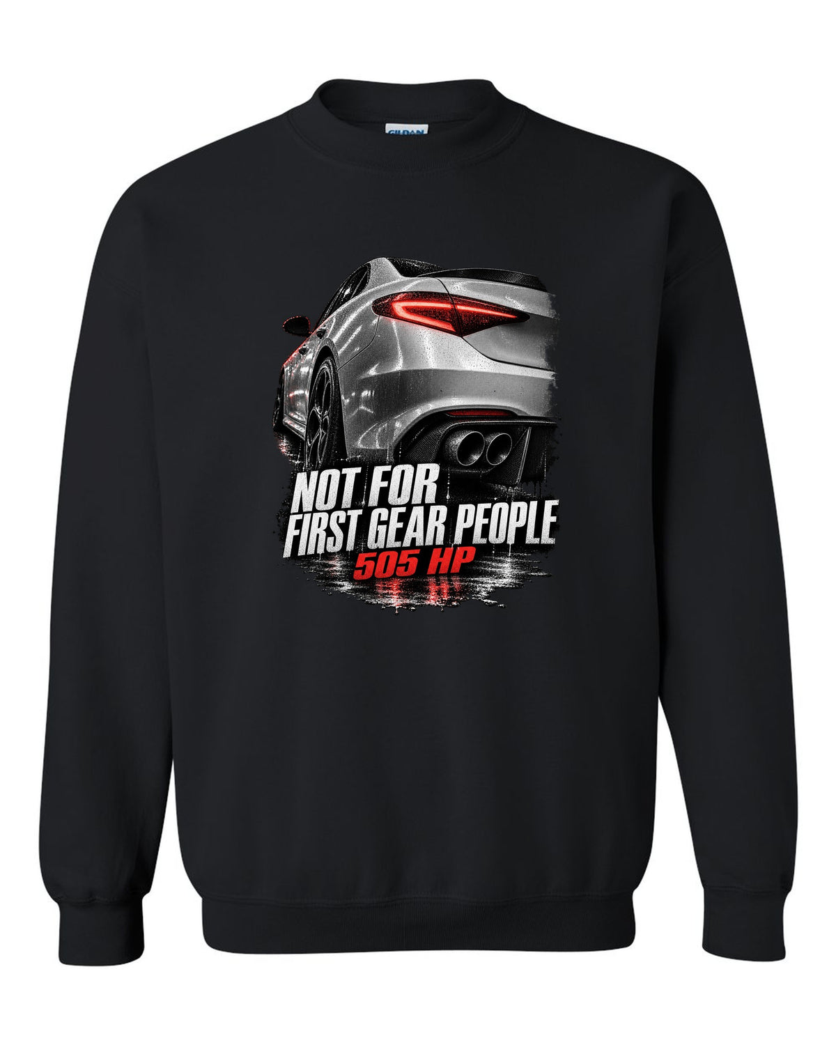 Taillight macro print of an Alfa Romeo Giulia Quadrifoglio with 505 HP text black crewneck front view with the design