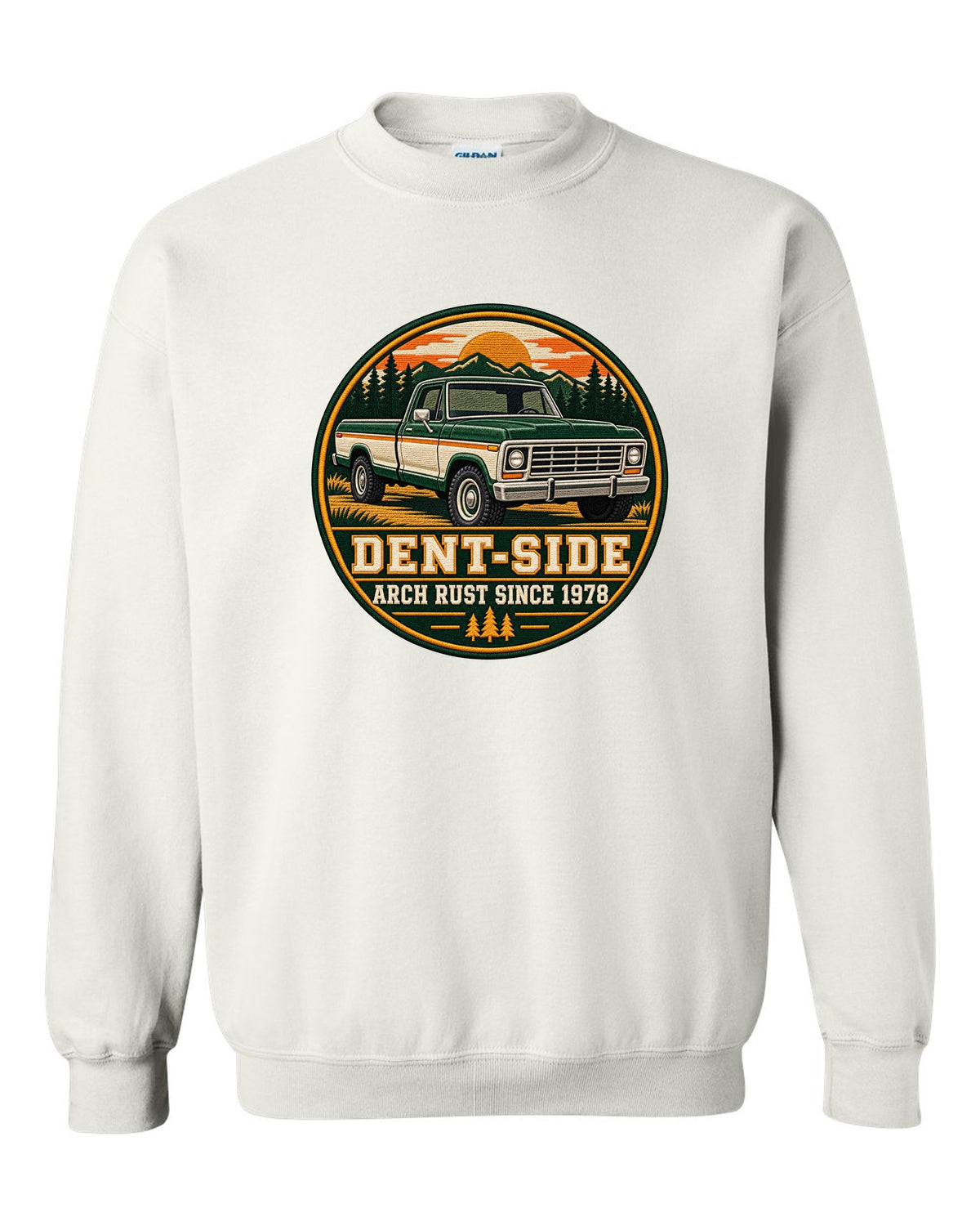 Dent-Side Ford F-150 1973-79 Varsity Crest Graphic Tee white crewneck front view with the design