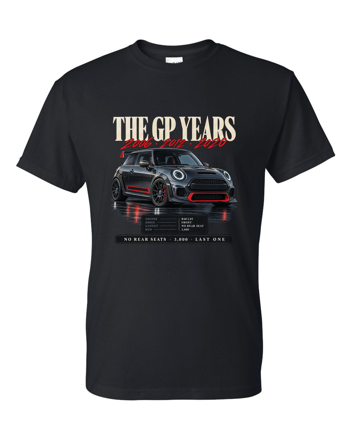 Archive panel print of a Mini Cooper JCW GP F56 with the years 2006, 2012 and 2020 black t-shirt front view with the design