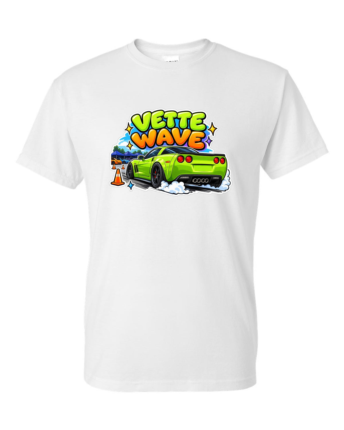 Cartoon sticker sheet print of a 2008 Chevrolet Corvette C6 Z06 with Vette Wave lettering white t-shirt front view with the design
