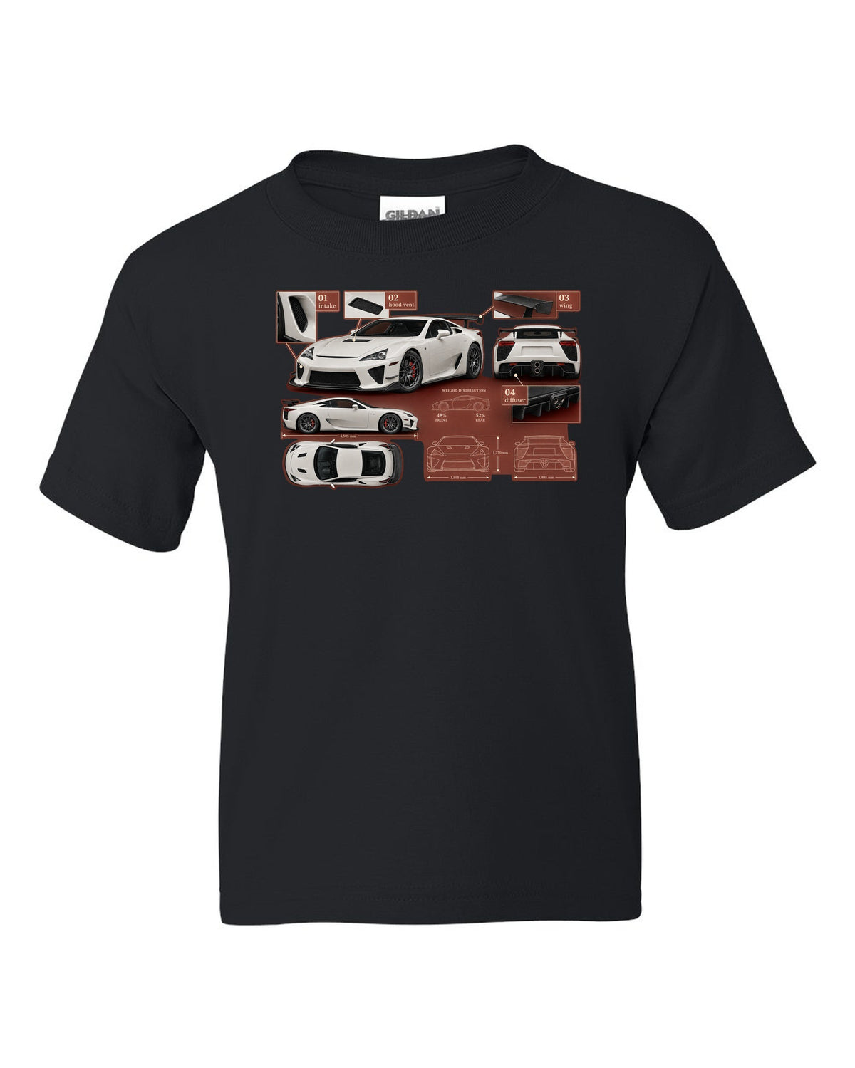 Aero callout diagram of the 2020 Lexus RC F Track Edition black kids tee front view with the design