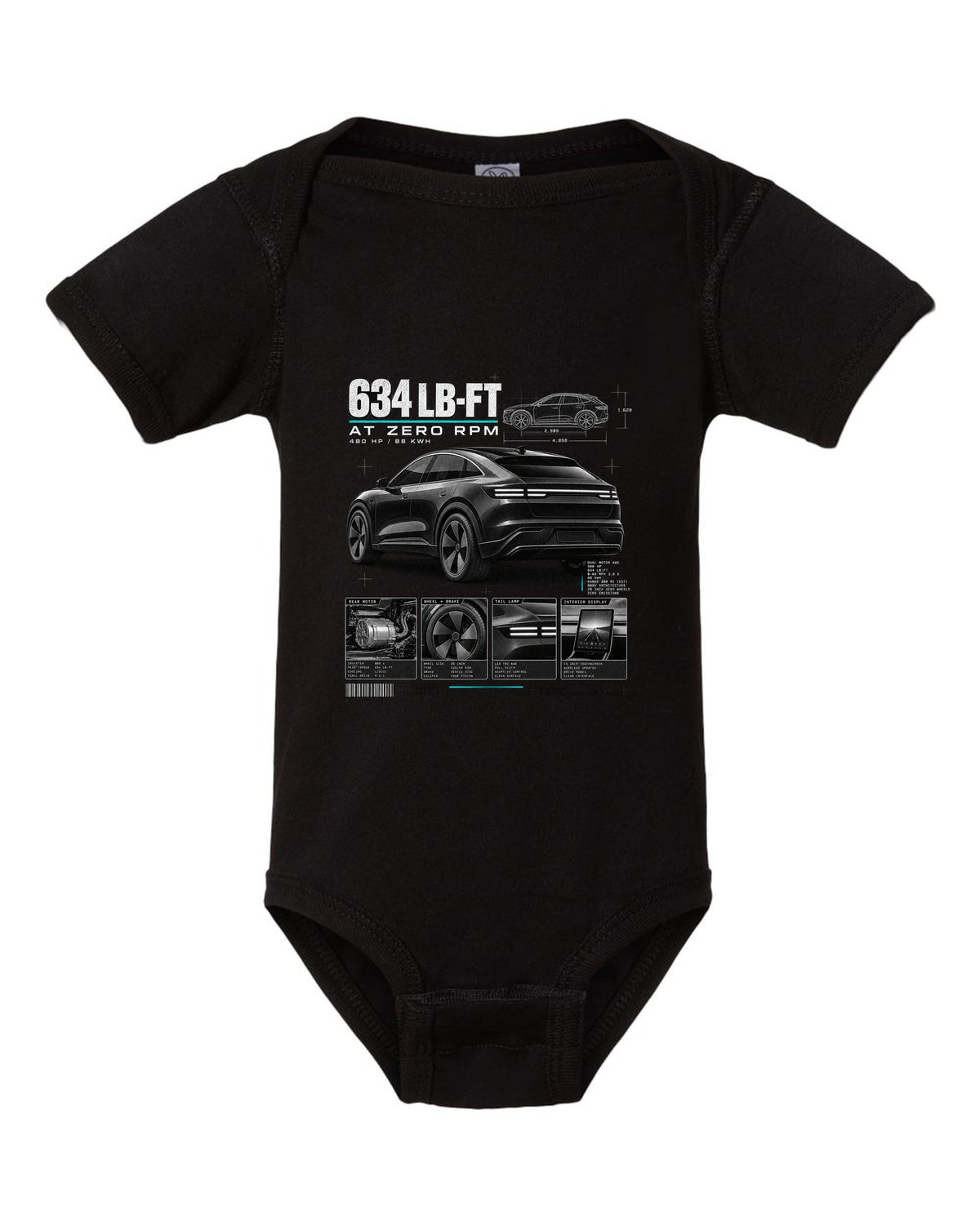 Ford Mustang Mach-E GT CX727 dossier panel print with 634 lb-ft at zero rpm black baby onesie front view with the design