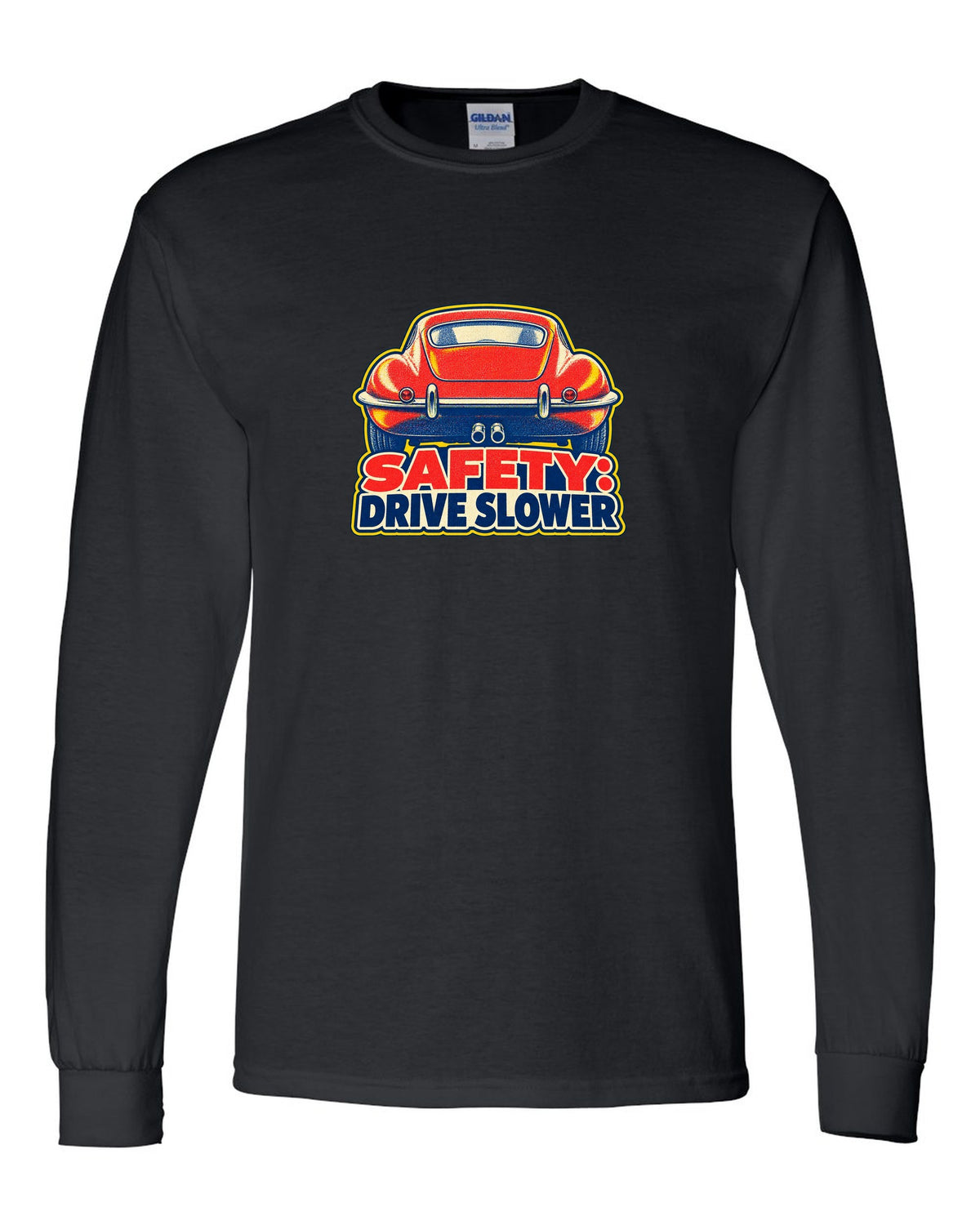 Jaguar E-Type Series 1 risograph print with SAFETY DRIVE SLOWER lettering black long sleeve front view with the design