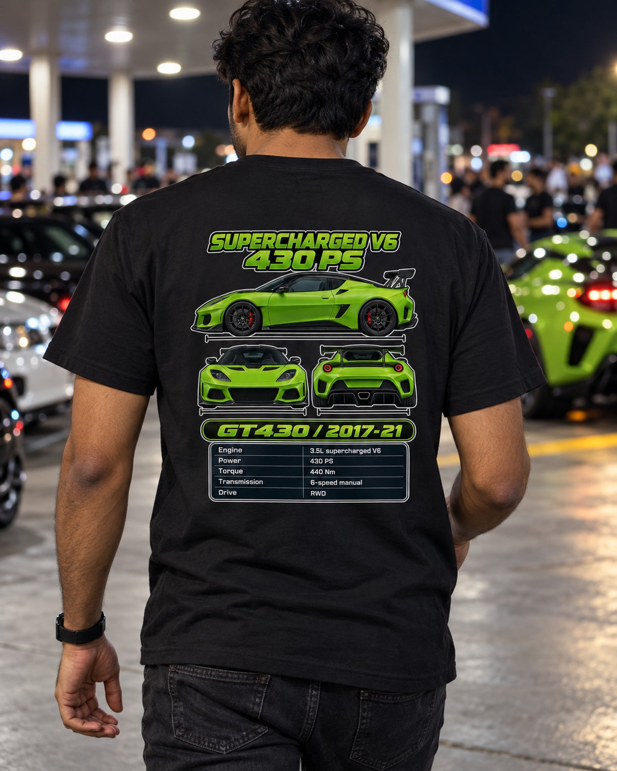 Lotus Evora Gt430 Spec Sheet Full-Back Graphic Tee T-Shirt Black worn hero