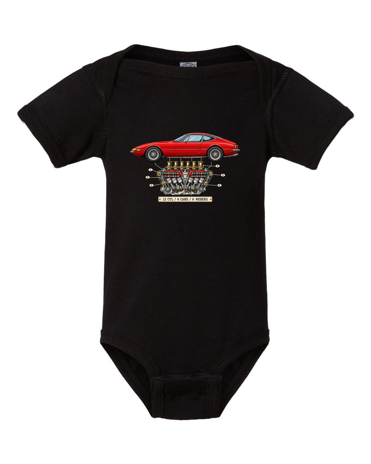 Patent-style drawing of the Ferrari 365 GTB/4 Daytona V12 engine black baby onesie front view with the design