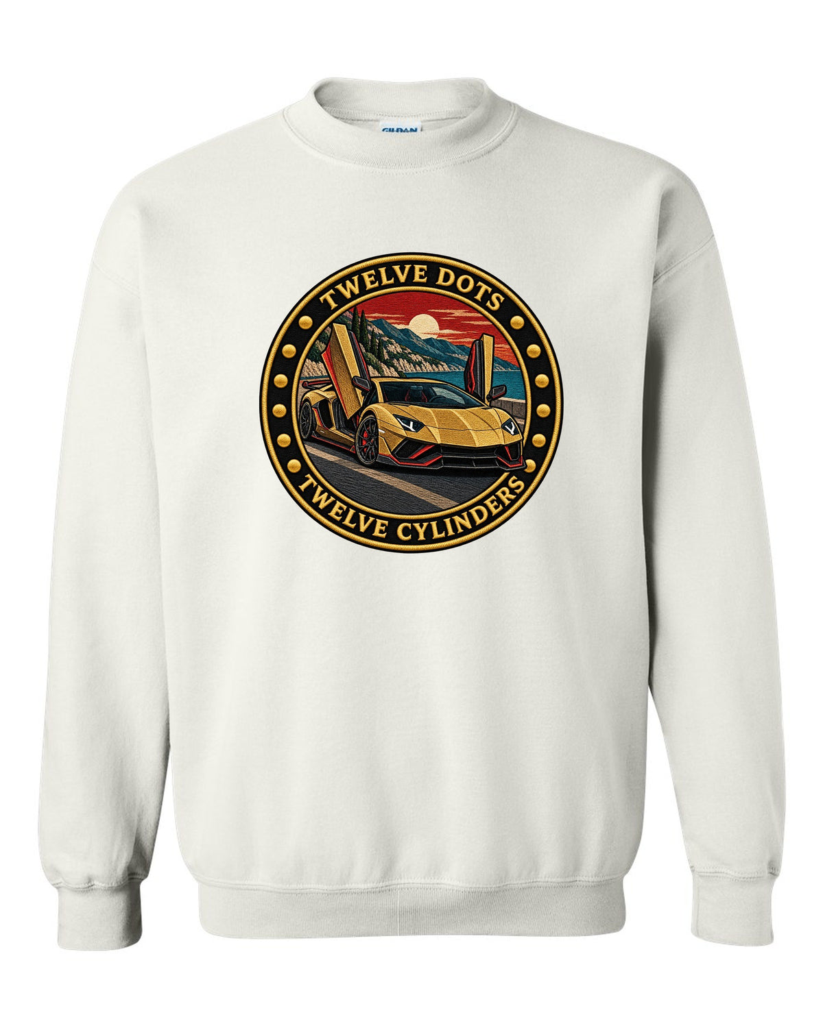 Embroidery-style round crest with a Lamborghini Aventador Ultimae LP780-4 and text TWELVE DOTS / TWELVE CYLINDERS white crewneck front view with the design