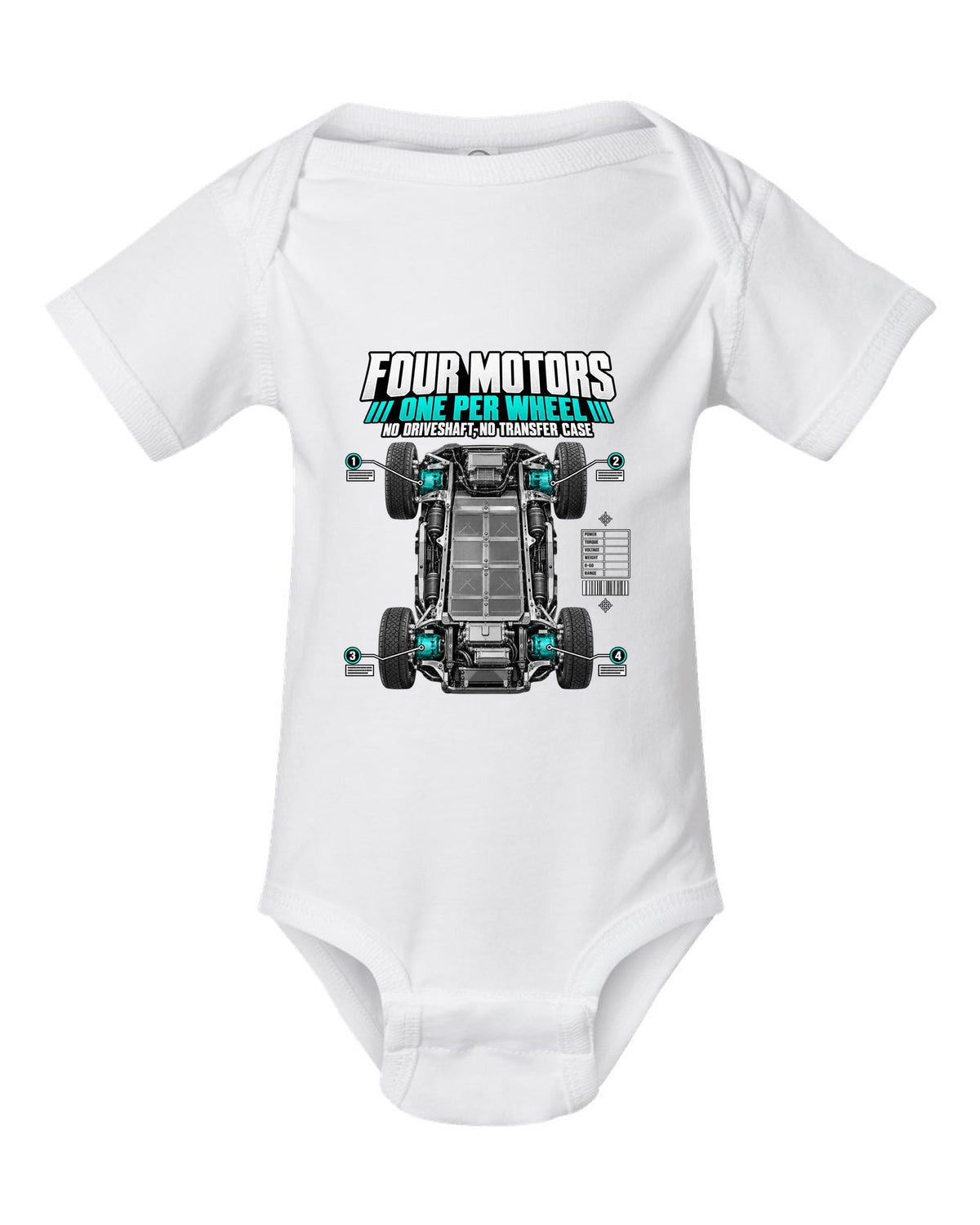 Rivian R1T Quad Motor 2022 layout with four motors, one per wheel, no driveshaft and no transfer case white baby onesie front view with the design