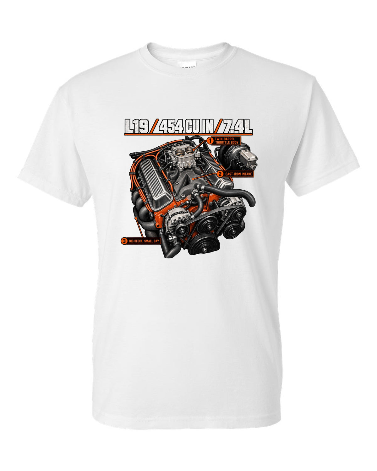 Chevy 454 SS L19 big-block engine diagram print white t-shirt front view with the design