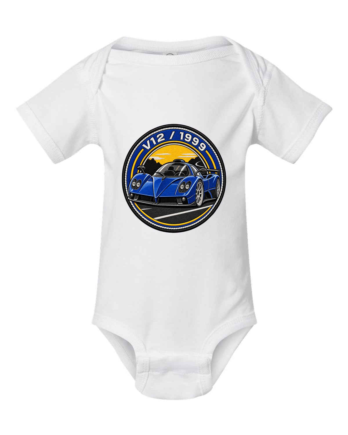 Varsity embroidery-style print for the 1999 Pagani Zonda C12 with V12 and 1999 lettering white baby onesie front view with the design