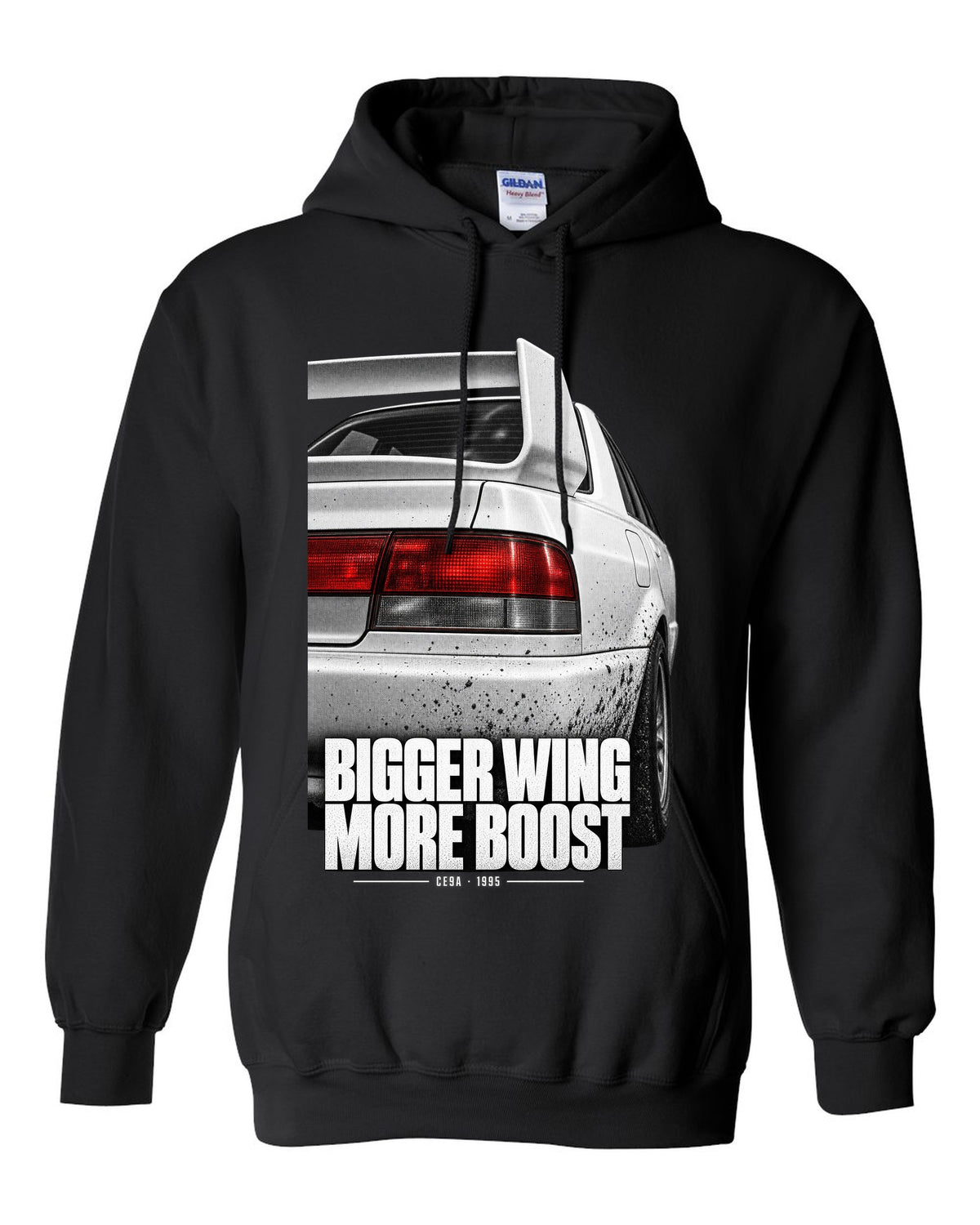 Tail and wing macro print for the Mitsubishi Lancer Evolution III CE9A reading Bigger Wing, More Boost black pull over hoodie front view with the design