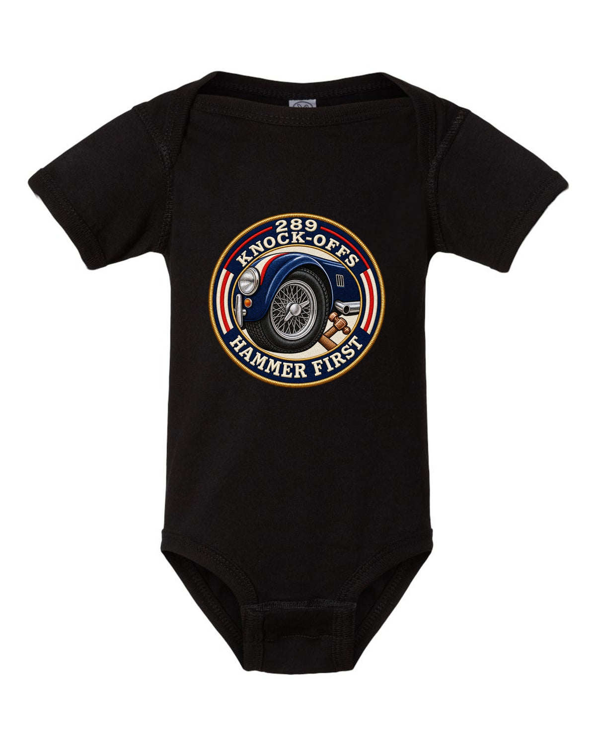Embroidered-patch style crest print for a Shelby Cobra 289 with Knock-Offs lettering black baby onesie front view with the design