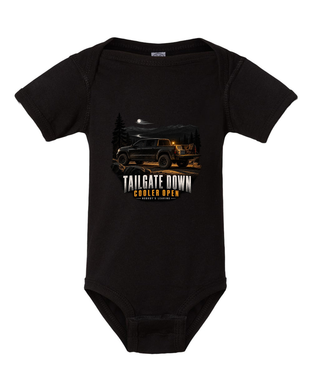 Jeep Gladiator JT with tailgate down in a night garage print black baby onesie front view with the design