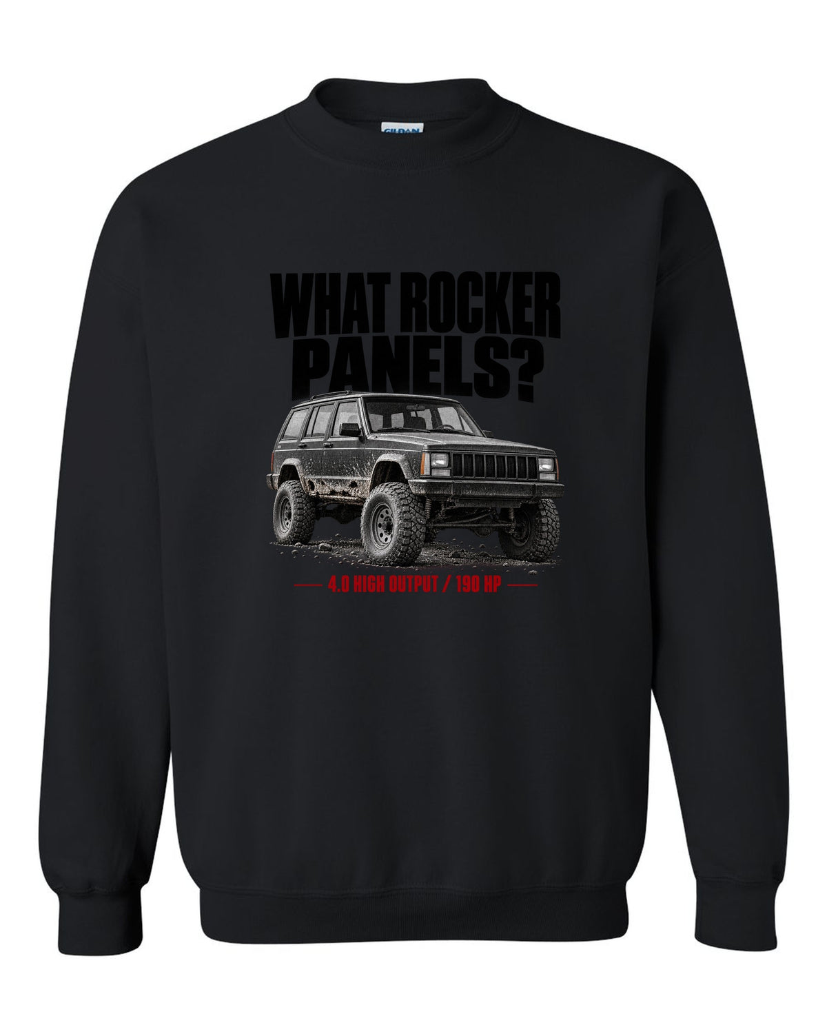 Jeep Cherokee XJ halftone print with 4.0 High Output 190 HP text black crewneck front view with the design