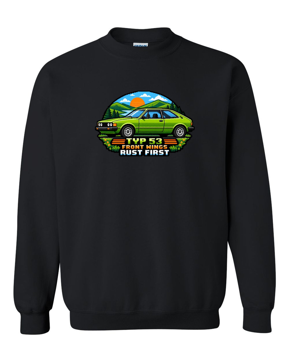 8/16-bit pixel art of a VW Scirocco Mk1 Typ 53 with front wings rust first text black crewneck front view with the design