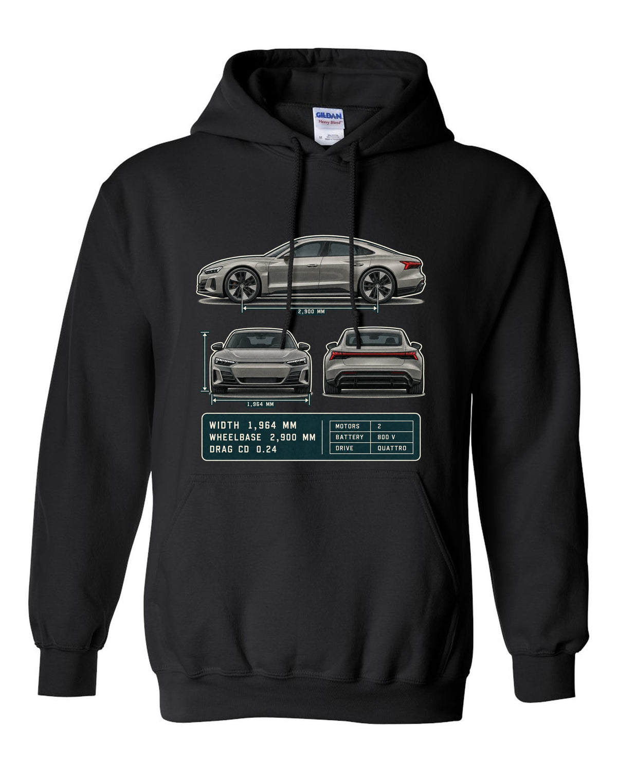 Audi RS e-tron GT Three-View Spec Table Tee, Cd 0.24 Car black pull over hoodie front view with the design