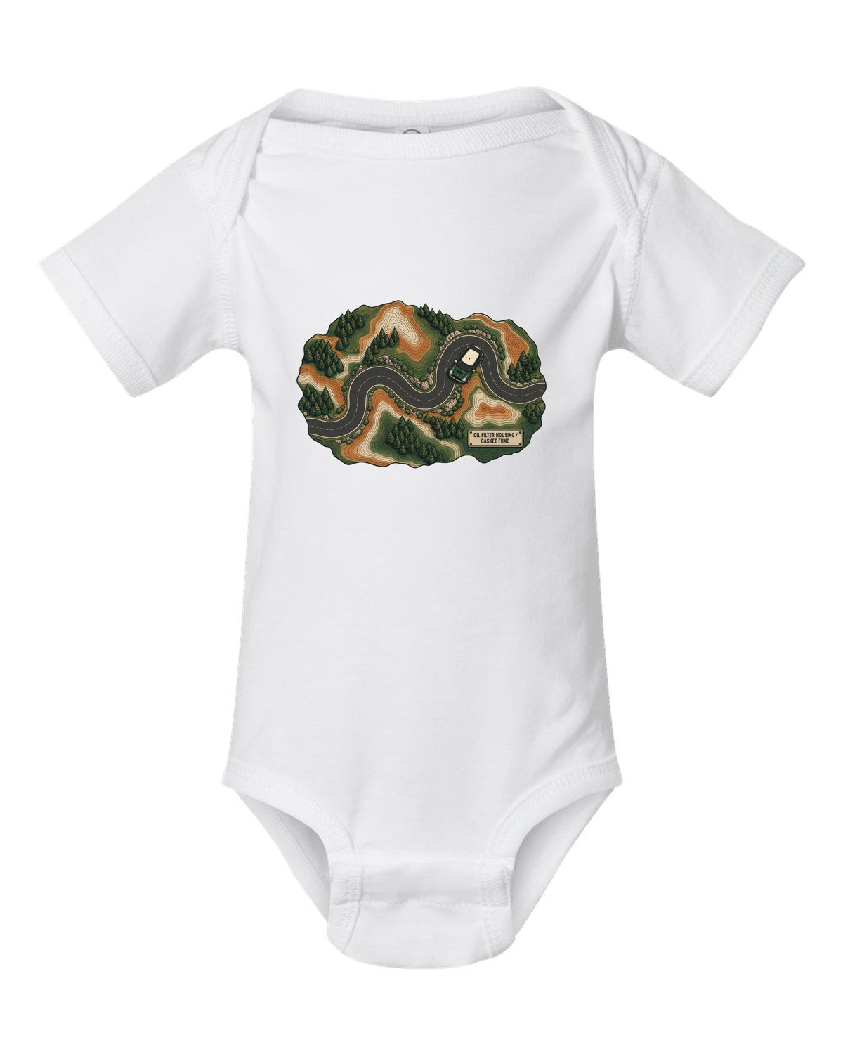 Topographic route map design of a Mini Cooper S R56 with gasket fund text white baby onesie front view with the design