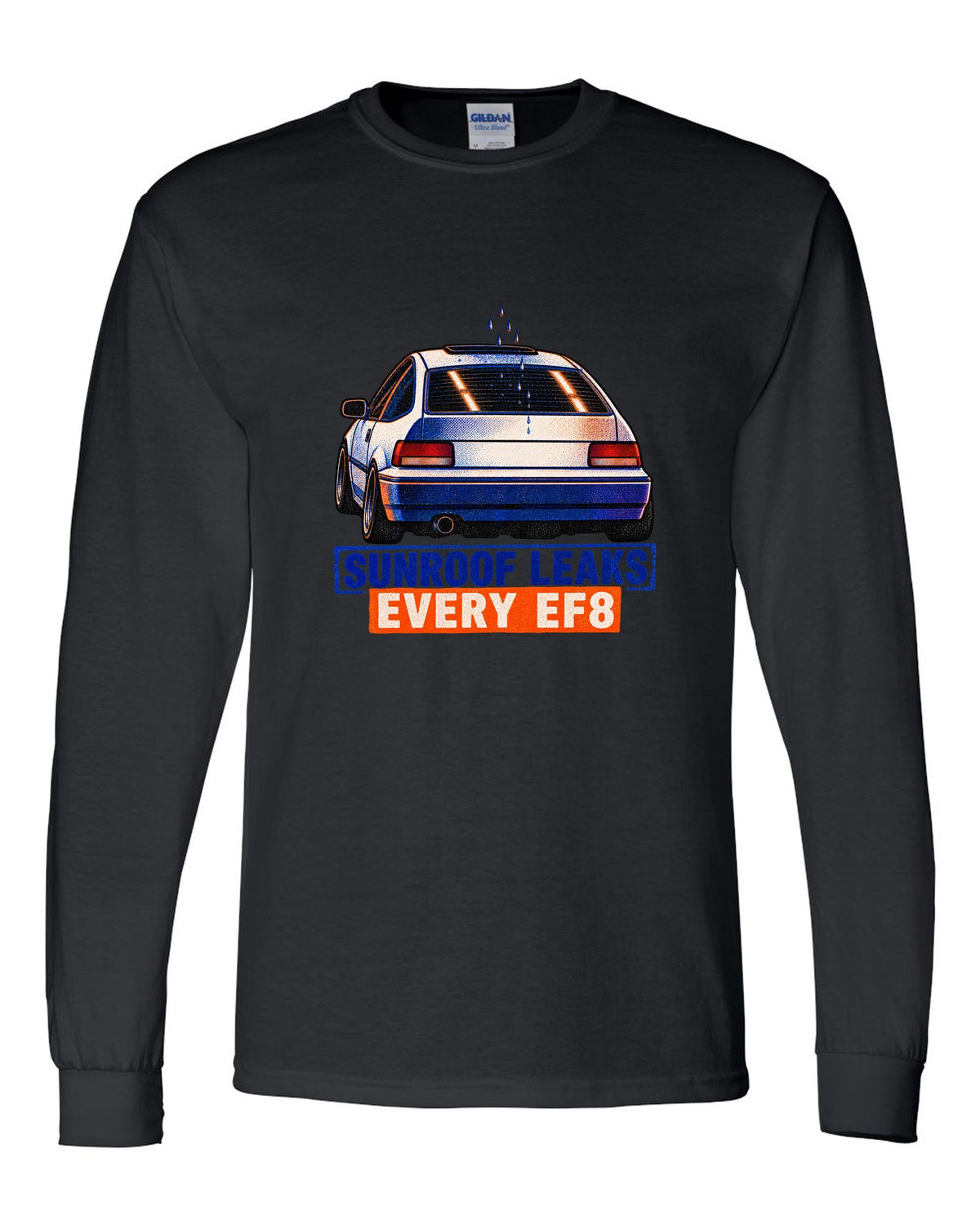 Risograph-style Honda CRX EF8 Si print with sunroof leak joke text black long sleeve front view with the design