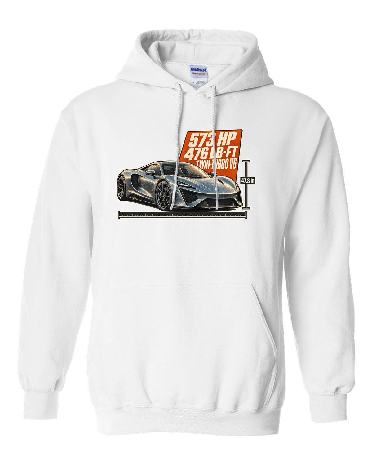 Halftone print of a 2020 Acura NSX NC1 front three-quarter white pull over hoodie front view with the design