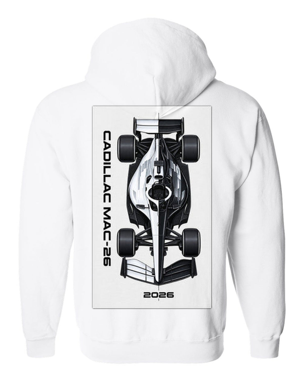Cadillac MAC-26 2026 F1 car technical poster artwork white zip hoodie back view with the design