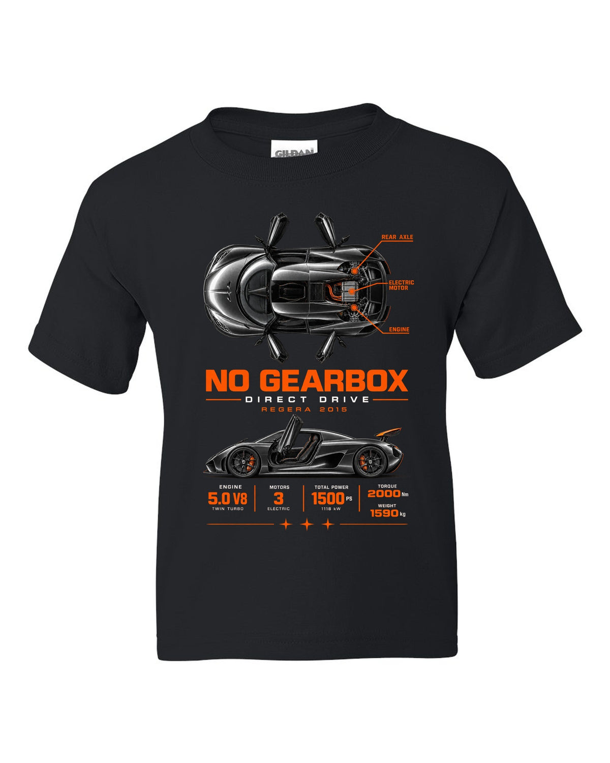 Koenigsegg Regera 2015 direct drive spec poster black kids tee front view with the design