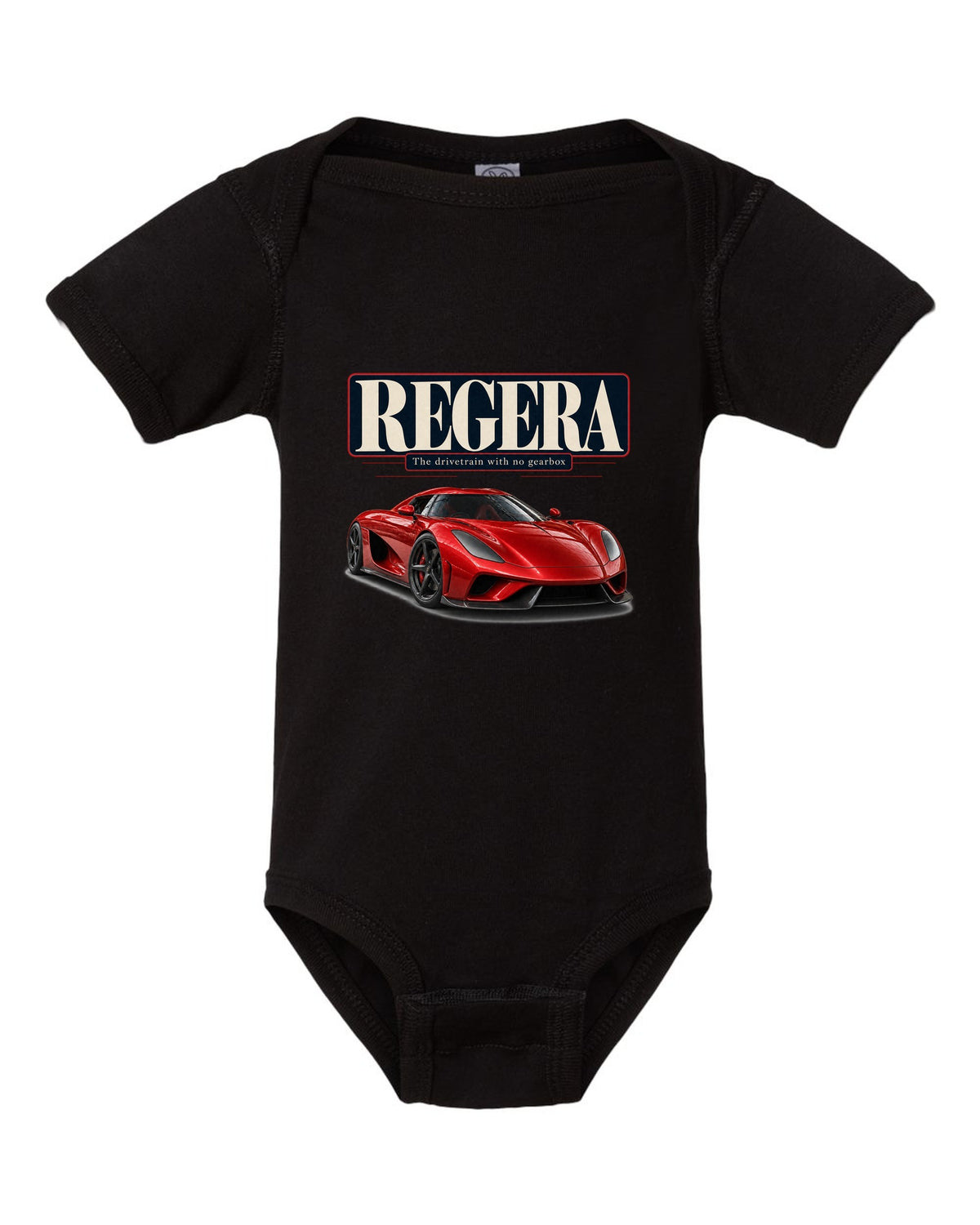Editorial headline poster of the Koenigsegg Regera about its drivetrain, print black baby onesie front view with the design