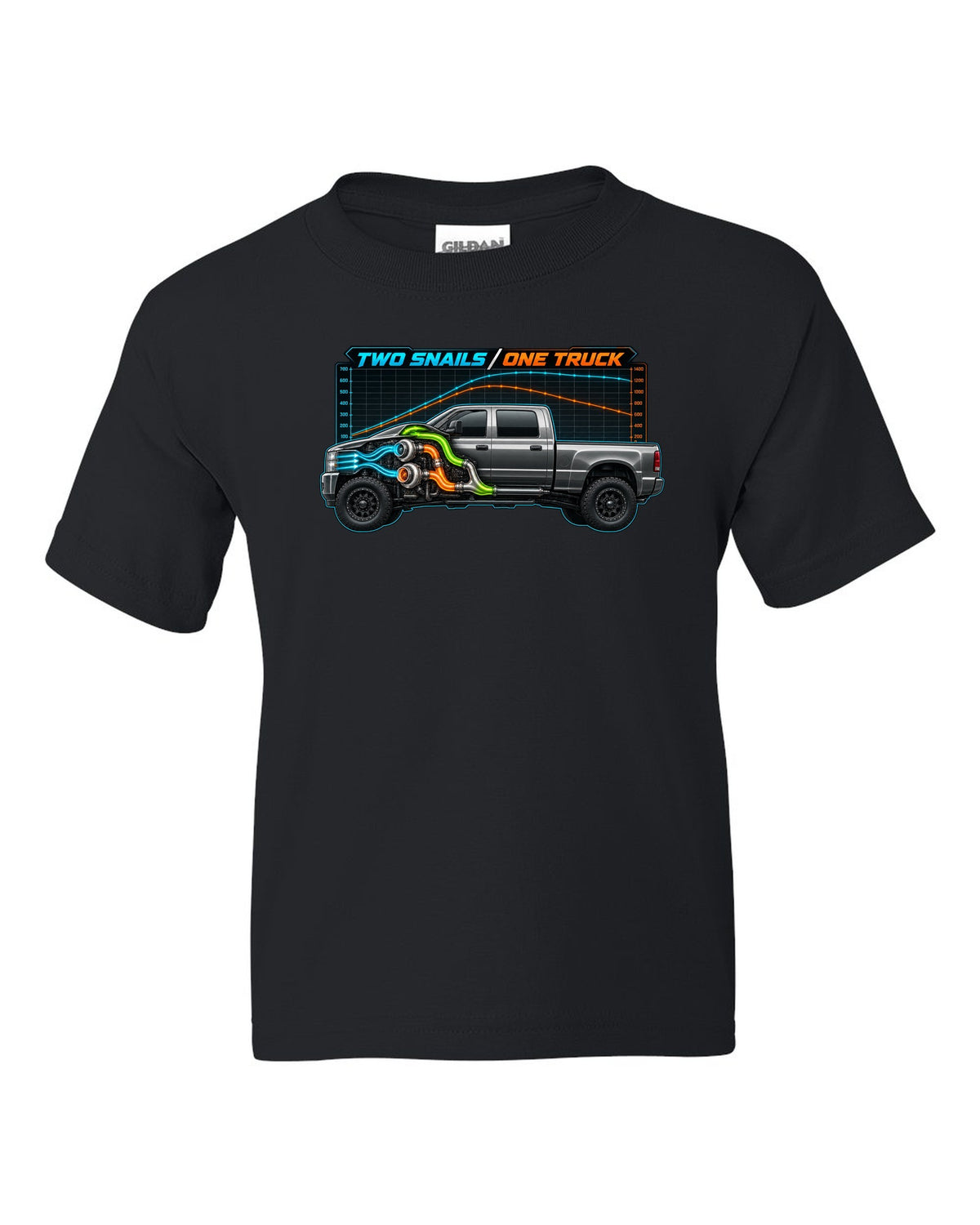 Dyno chart and gauge print of a 2003-2009 Dodge Ram 2500 Cummins compound turbo with two snails one truck text black kids tee front view with the design
