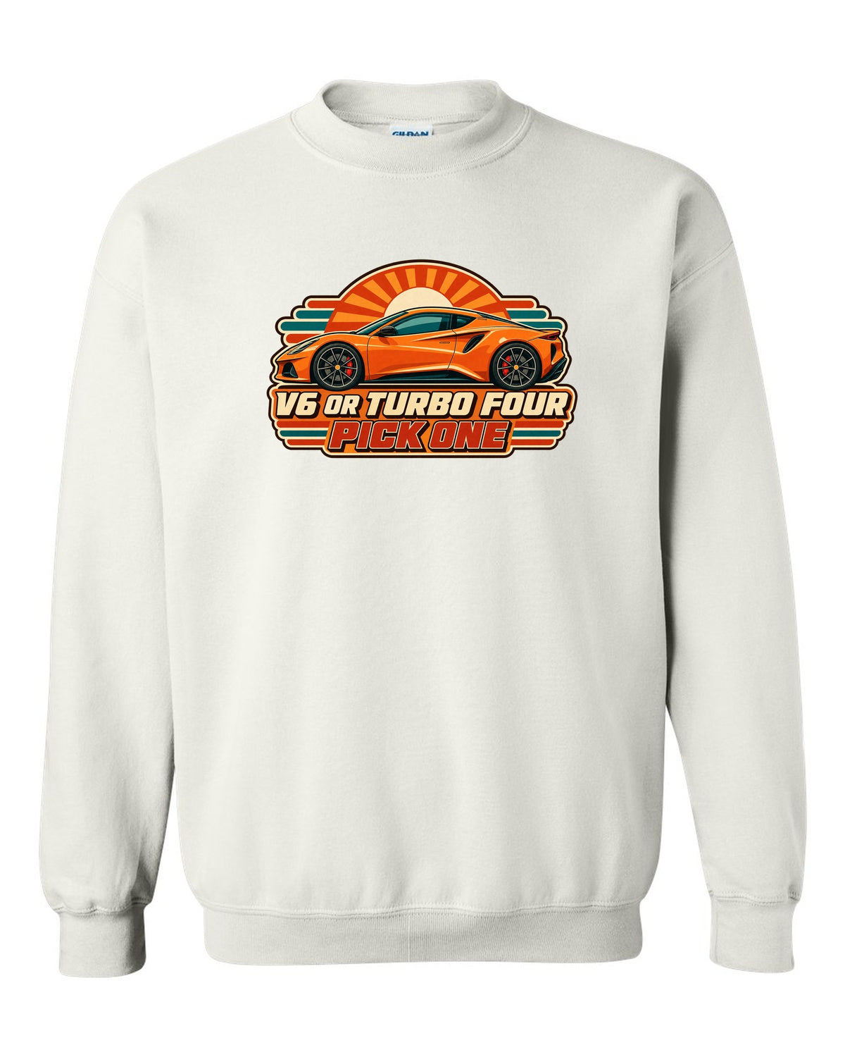 Lotus Emira in retro Japanese showa ad style with V6 OR TURBO FOUR PICK ONE lettering white crewneck front view with the design