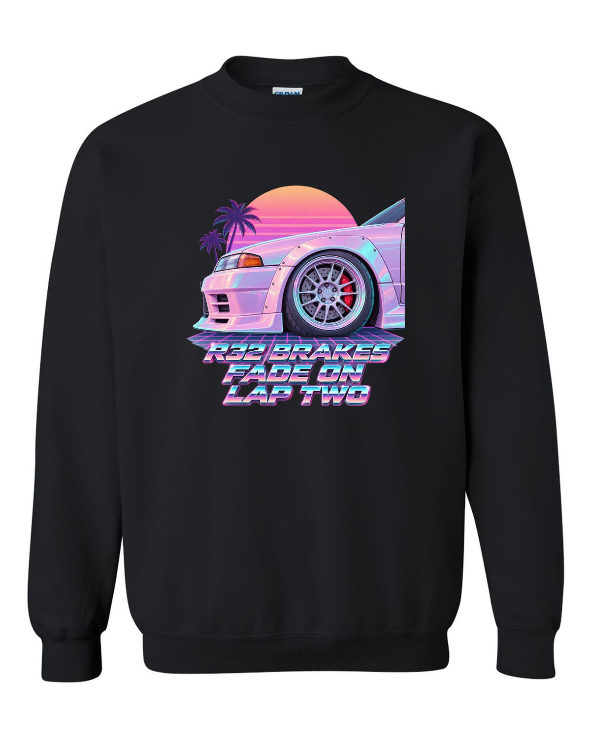 Vaporwave pastel print of a brake wheel with Nissan Skyline GT-R BNR32 brake fade lettering black crewneck front view with the design