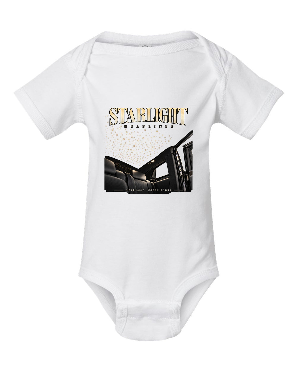 Rolls-Royce Phantom VIII starlight headliner macro white baby onesie front view with the design