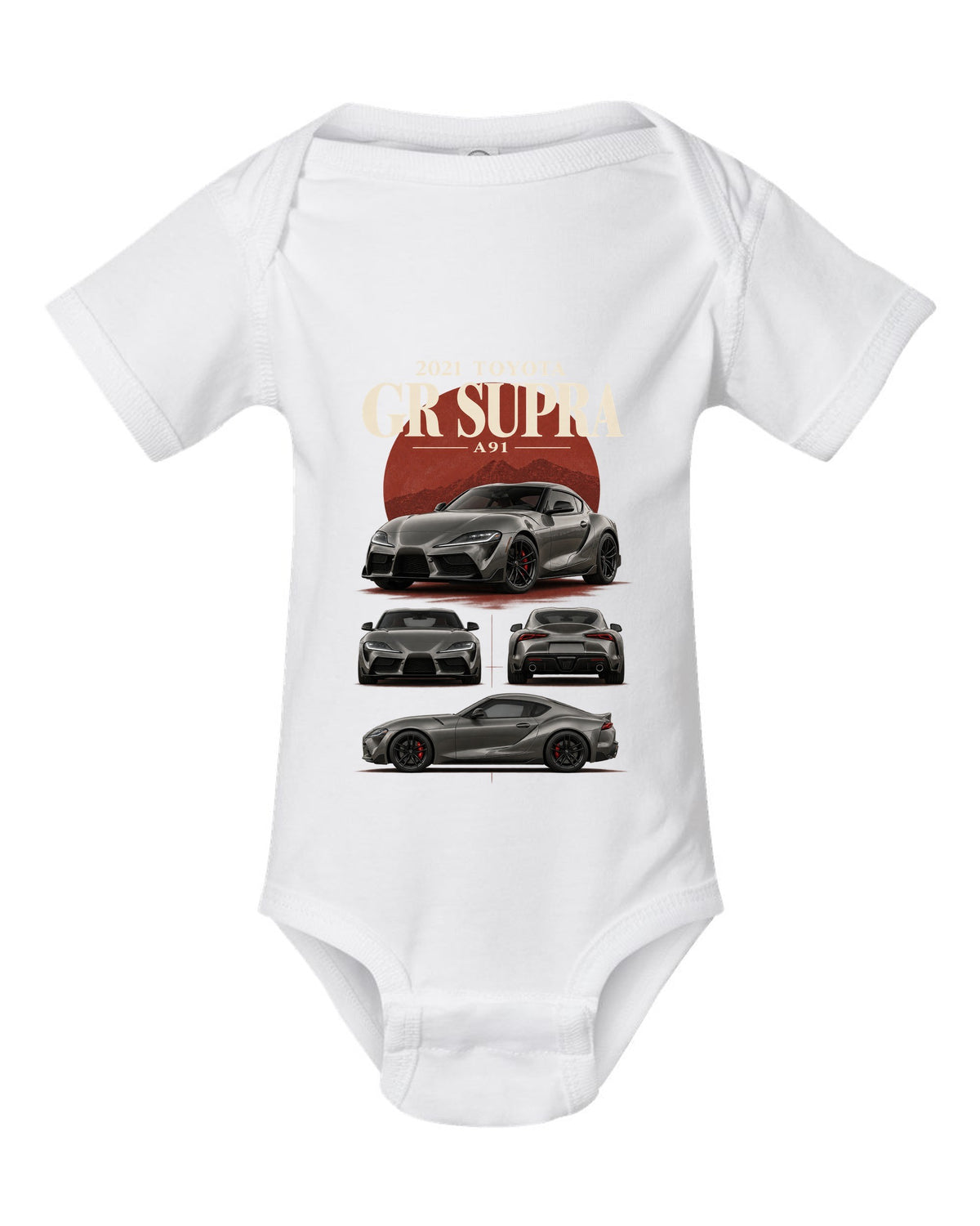 Graphite halftone front three-quarter of the Toyota GR Supra A90 with Made in Graz text white baby onesie front view with the design