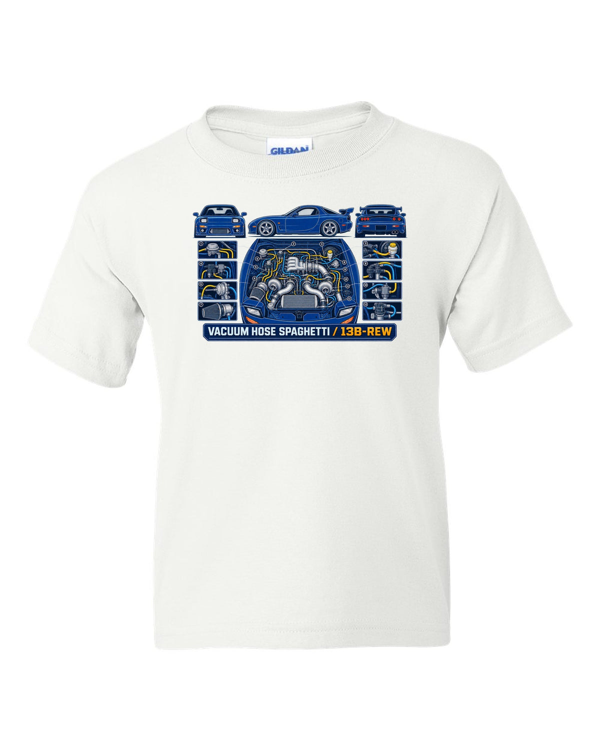 Patent drawing schematic print of a Mazda RX-7 FD3S 13B-REW with text Vacuum Hose Spaghetti white kids tee front view with the design