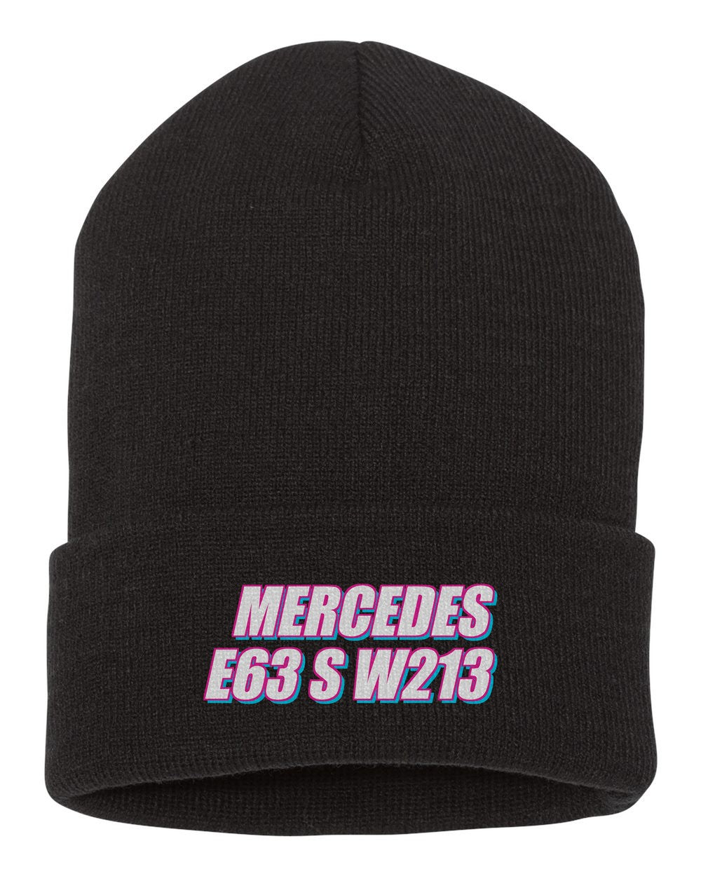 Mercedes E63 S W213 black beanie front view with car name