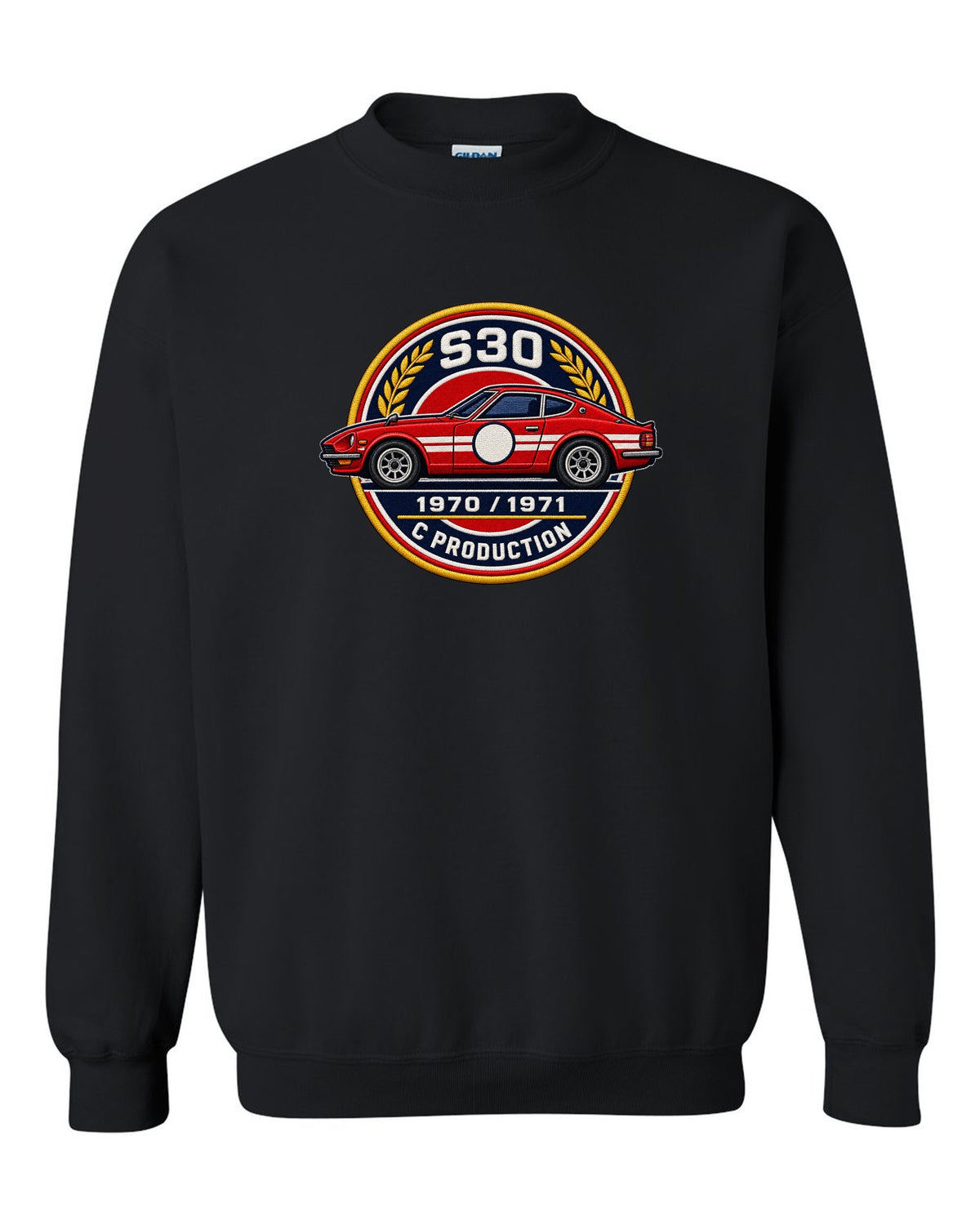 Round crest print for the Datsun 240Z S30 with S30, 1970, 1971 and C Production lettering black crewneck front view with the design
