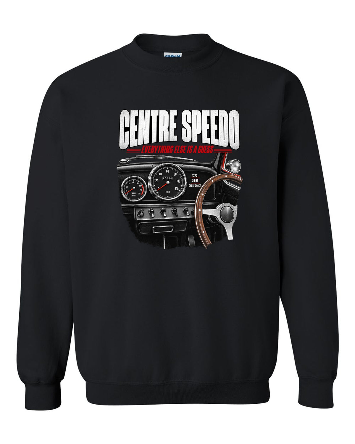 print of the 1967 Classic Mini Cooper S interior with centre speedometer and 1275 spec lettering black crewneck front view with the design