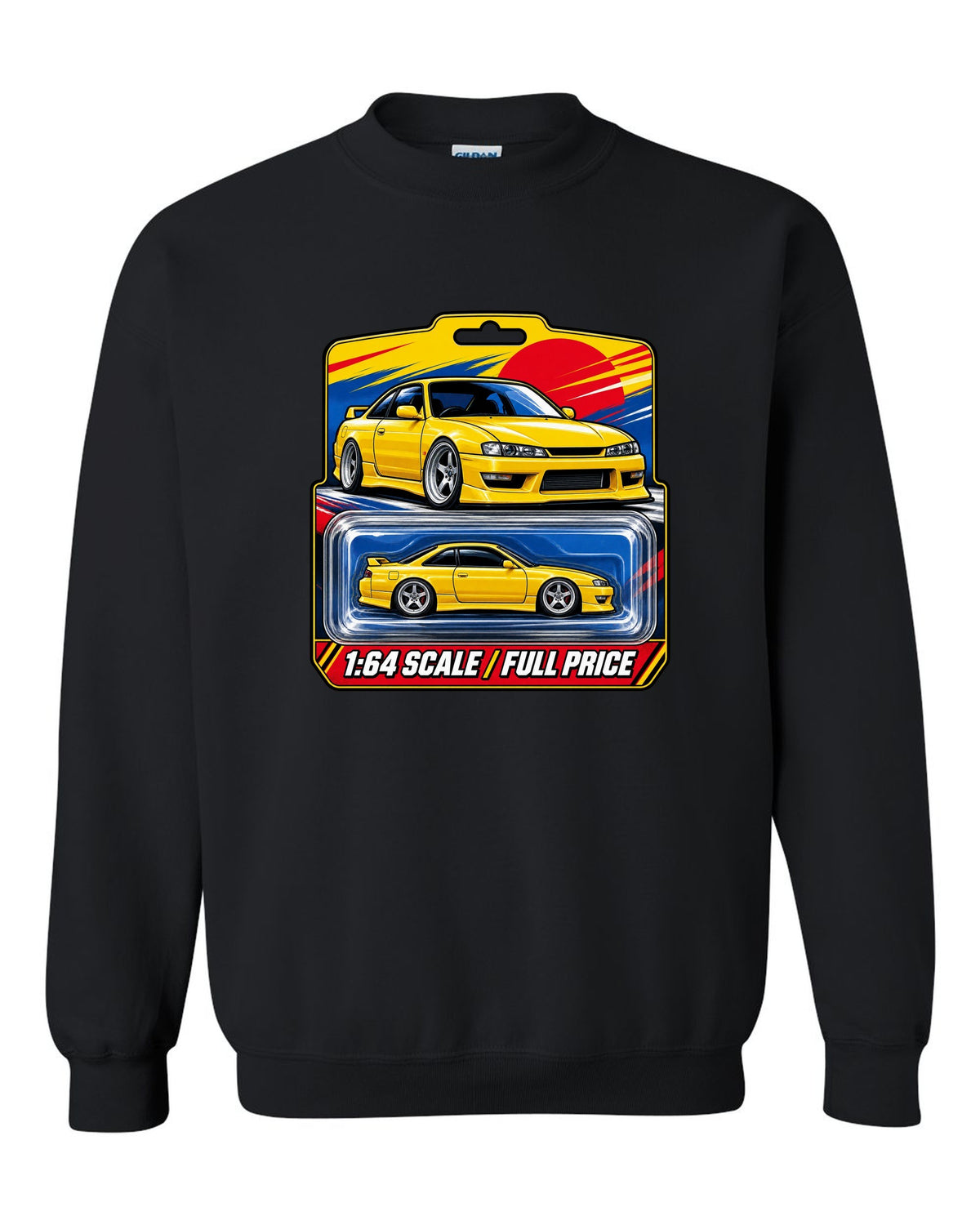 Toy blister card layout print of a Nissan Silvia S14 with 1:64 scale full price text black crewneck front view with the design