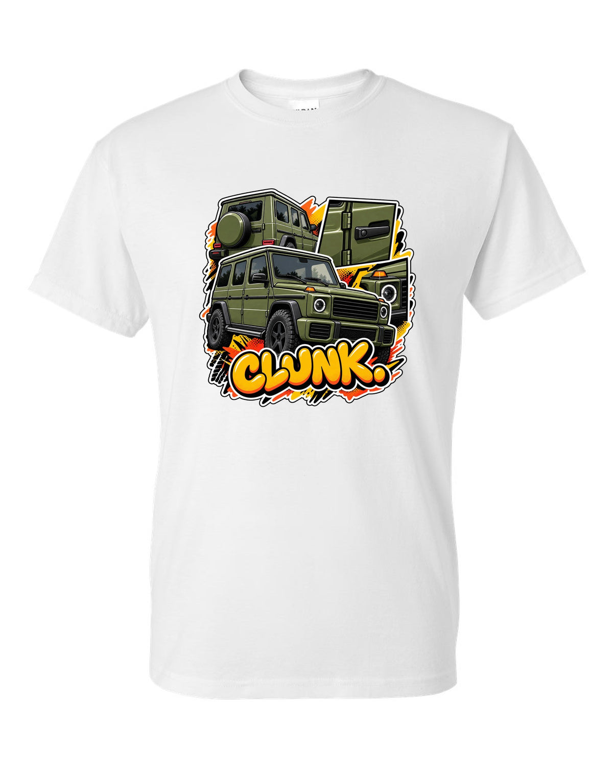 Stencil spray street art graphic of a Mercedes G63 W464 with round headlights, print white t-shirt front view with the design