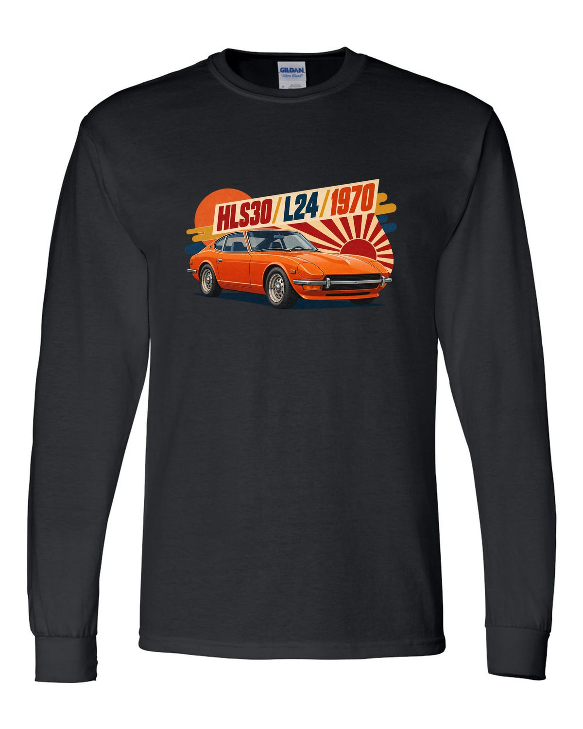 Retro Japanese showa catalogue ad of a 1970 Datsun 240Z HLS30 with L24 lettering black long sleeve front view with the design