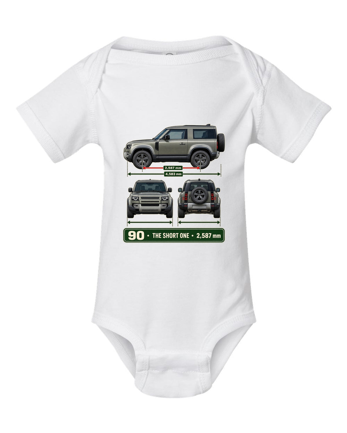 Three-view drawing with spec table print of the Land Rover Defender 90 L663 white baby onesie front view with the design