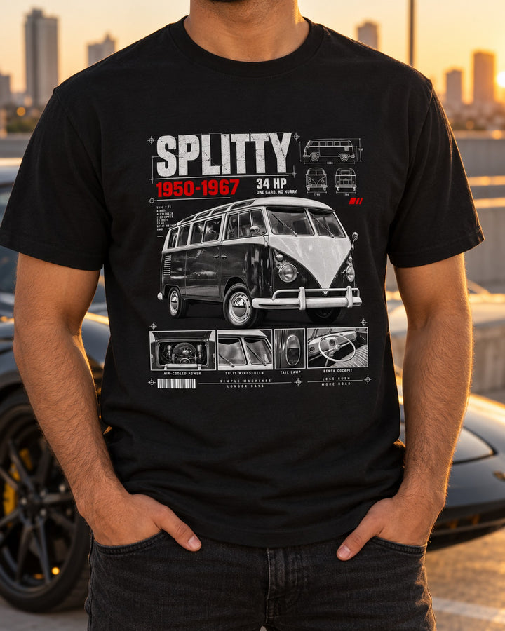 VW Bus T1 Split-Window Kombi 1962 Splitty Dossier Shirt T-Shirt Black worn hero