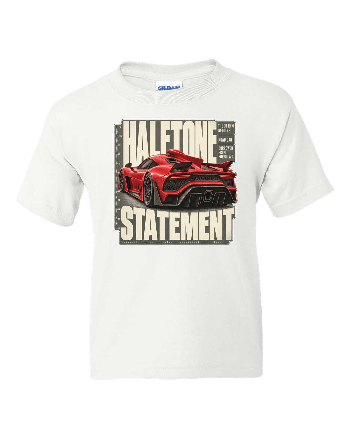 Mercedes-AMG One halftone design of the shark-fin airscoop white kids tee front view with the design