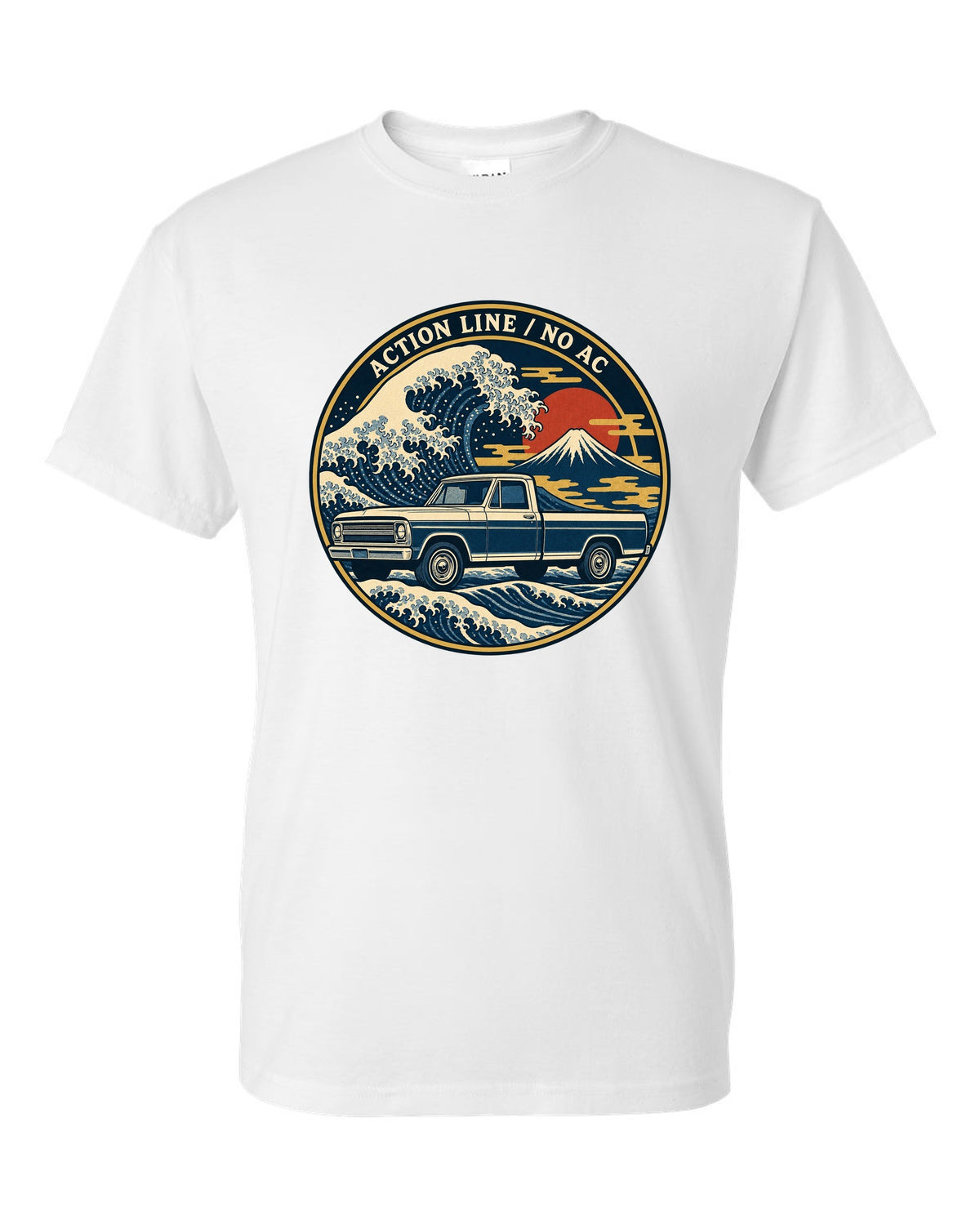 Ukiyo-e woodblock wave print of a 1967-72 Chevrolet C10 Action Line Fleetside with Action Line no AC lettering white t-shirt front view with the design