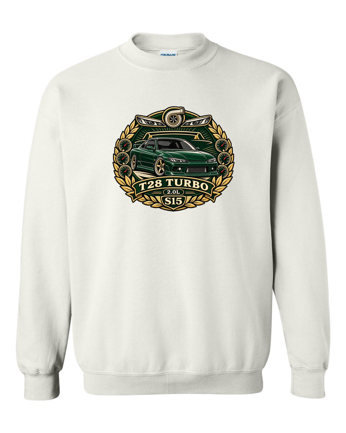 Round crest print for the Nissan Silvia S15 with turbo 2.0L engine lettering white crewneck front view with the design