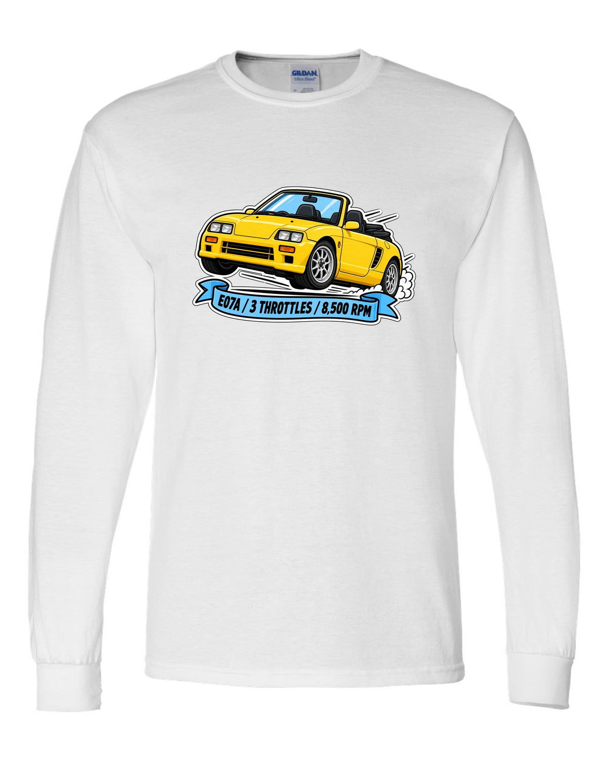 Sticker-style illustration of a Honda Beat PP1 with E07A engine and 8,500 rpm lettering white long sleeve front view with the design