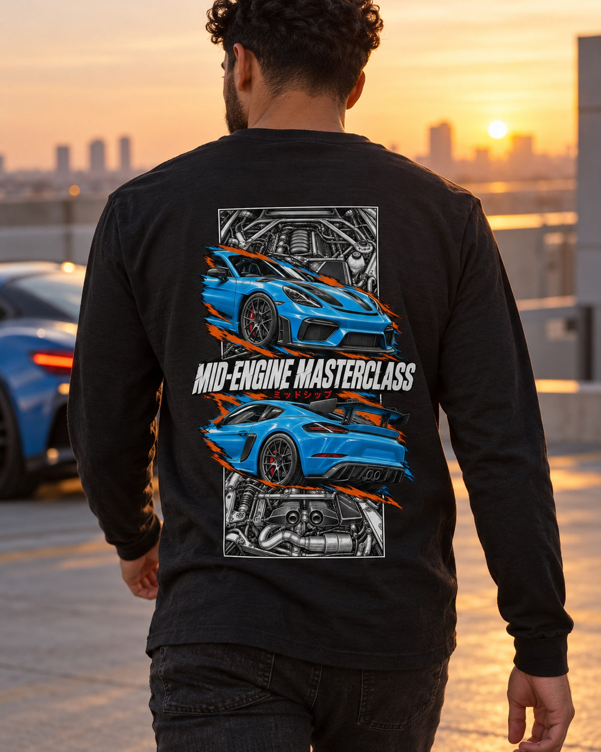 Porsche 718 Gt4 Torn Poster Full-Back Graphic Tee Long Sleeve Black worn hero