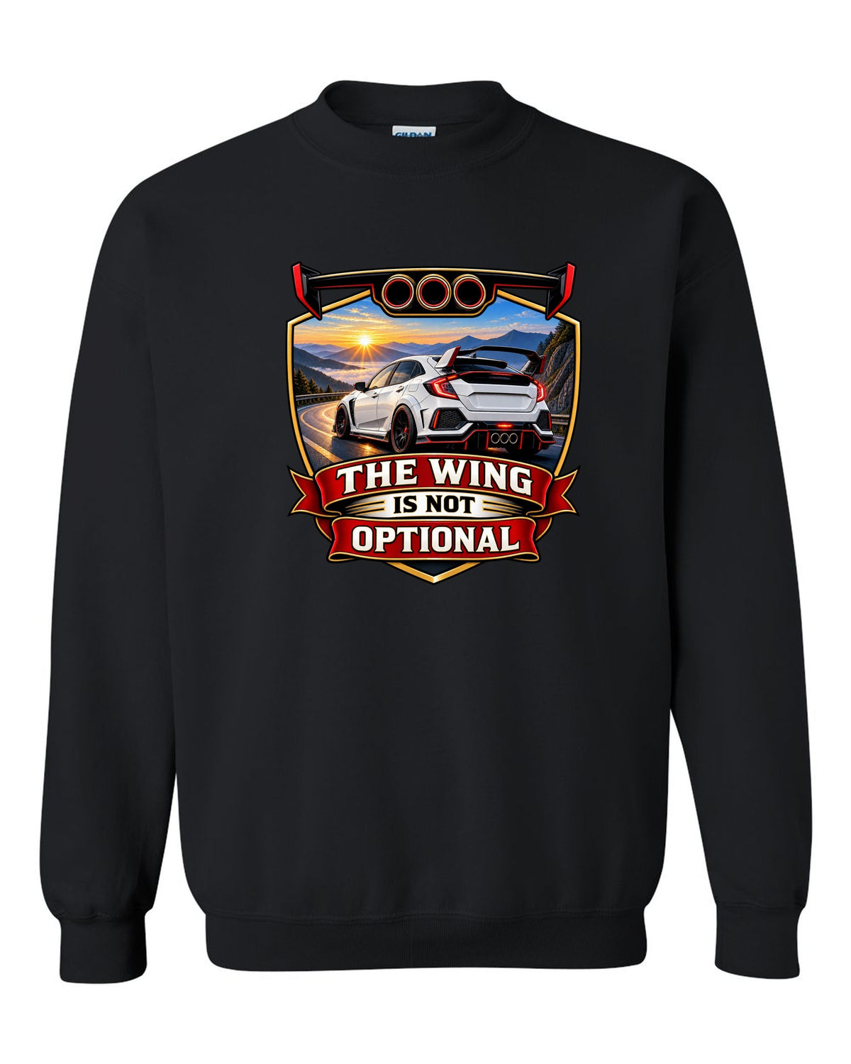Racing shield print of a Honda Civic Type R FK8 ch with the wing is not optional text black crewneck front view with the design