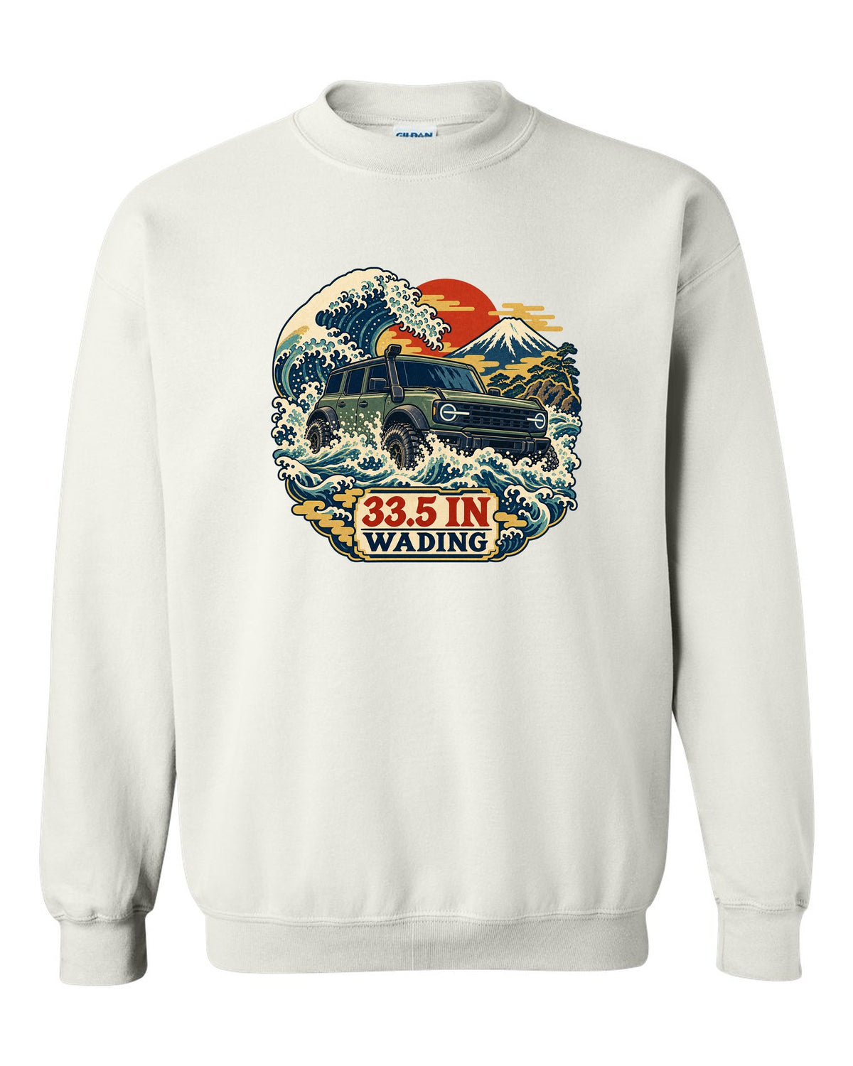 Ford Bronco 6G four-door with snorkel wading a wave in an ukiyo-e print white crewneck front view with the design